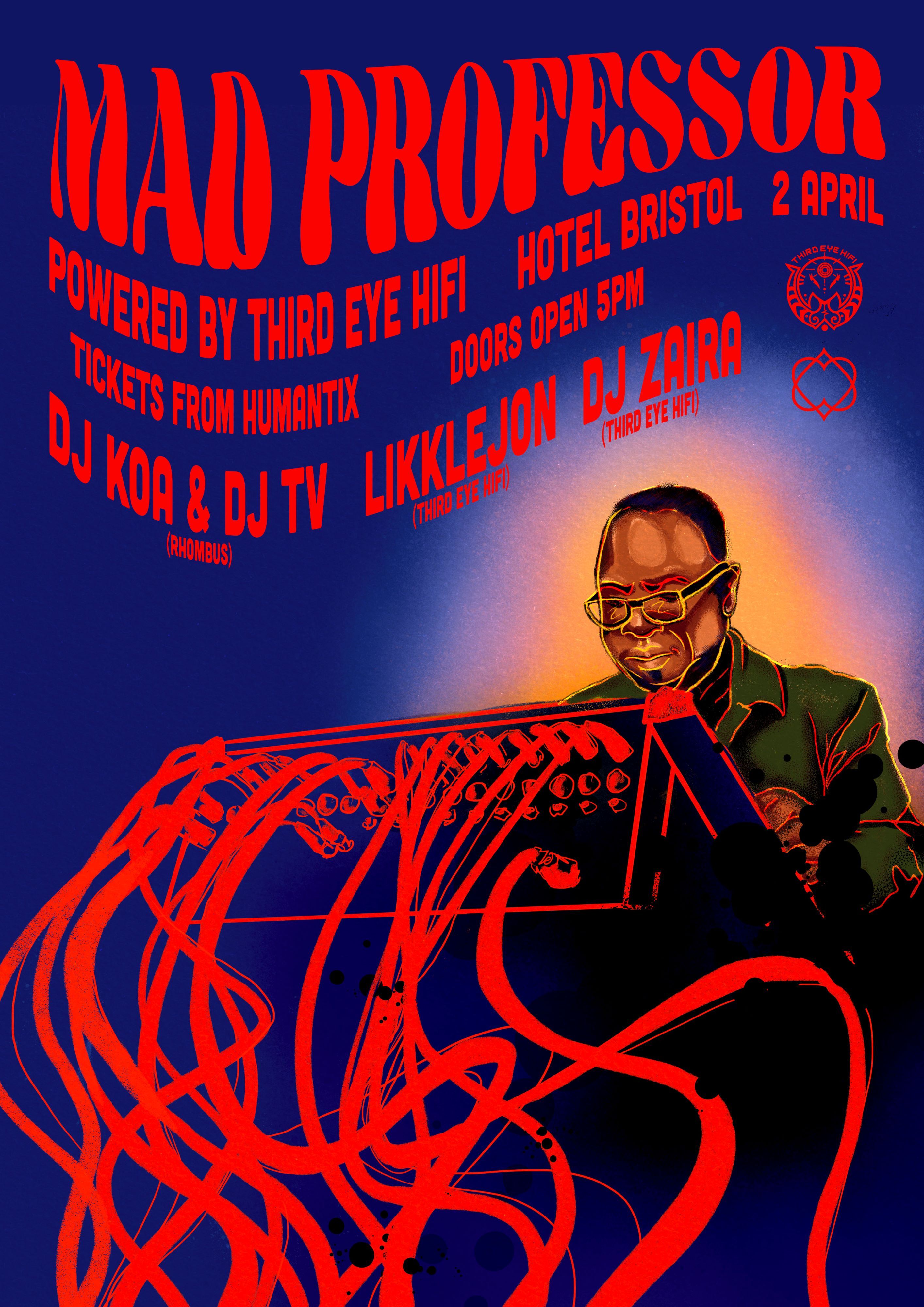 A poster with waving text along the top, and an image predominanty of wiring coming out the front of a mixer, a person just visible over it